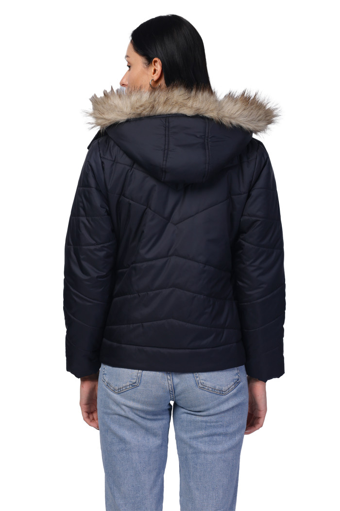 A model showcasing Women Quilted Jacket In Polyester Fabric With Removable Hood thumbnail.